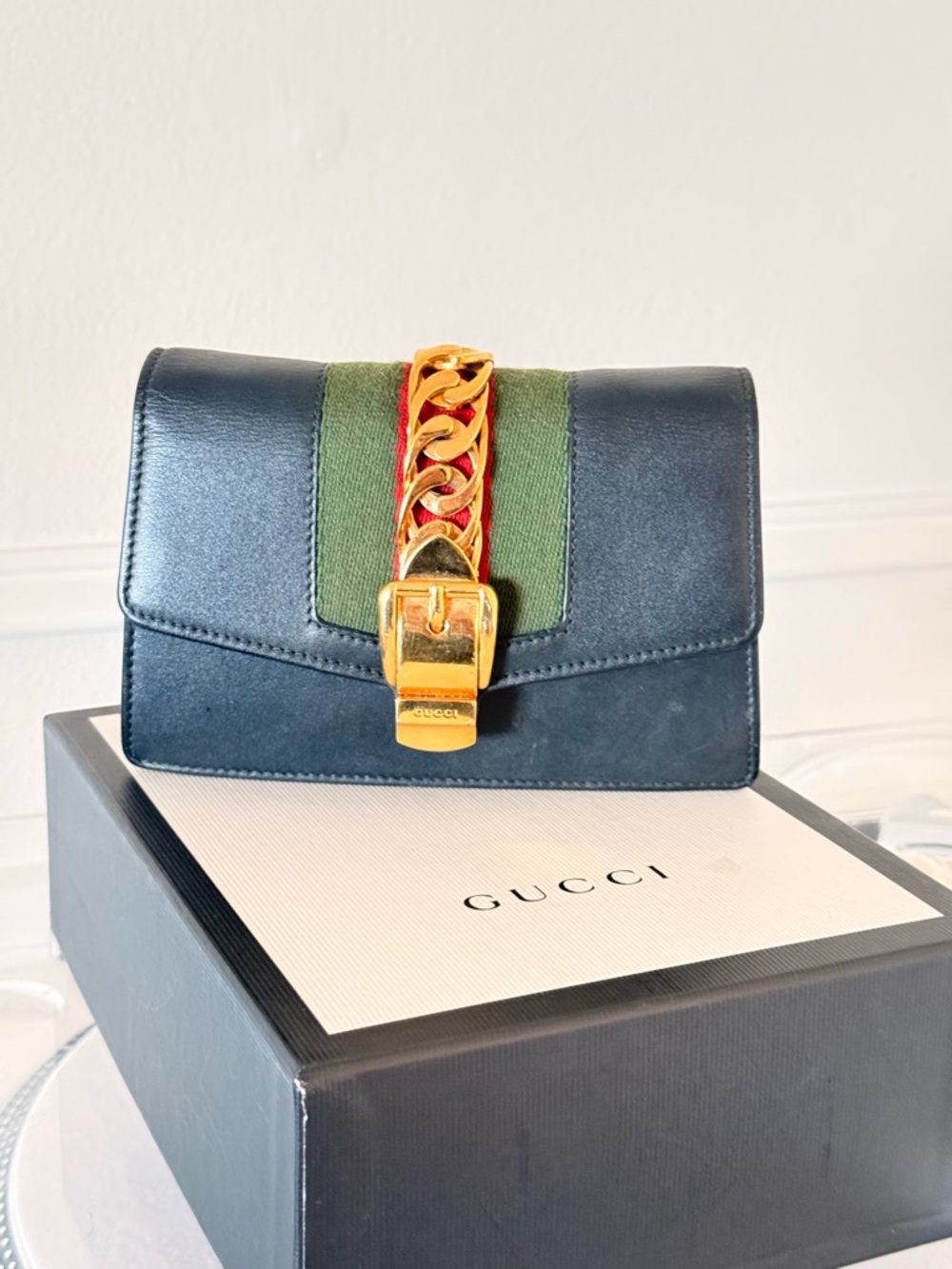 Gucci Navy Leather Shoulder Bag with Green & Red Web and Gold Chain